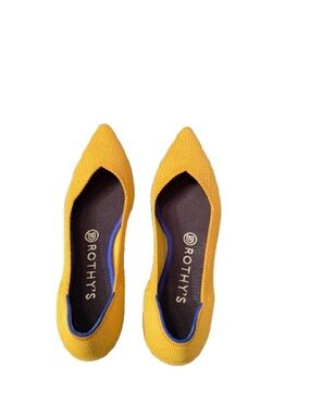 Rothy’s Pointed Flats Mustard Yellow Blue Trim Size 8.5 Sustainable Knit Comfort
